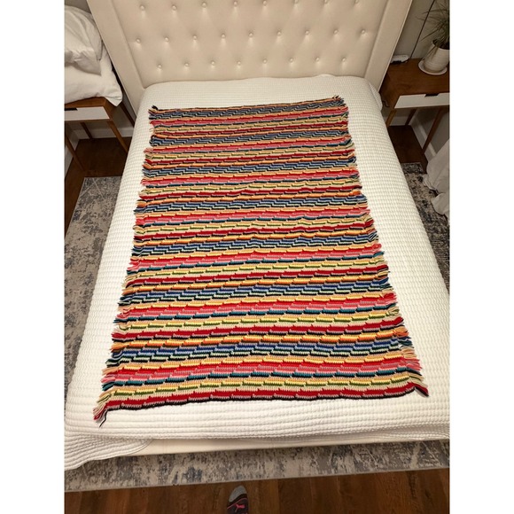 Mid-Century Vintage Rainbow Striped Afghan Blanket Throw Cottage Grandma style - Picture 2 of 7